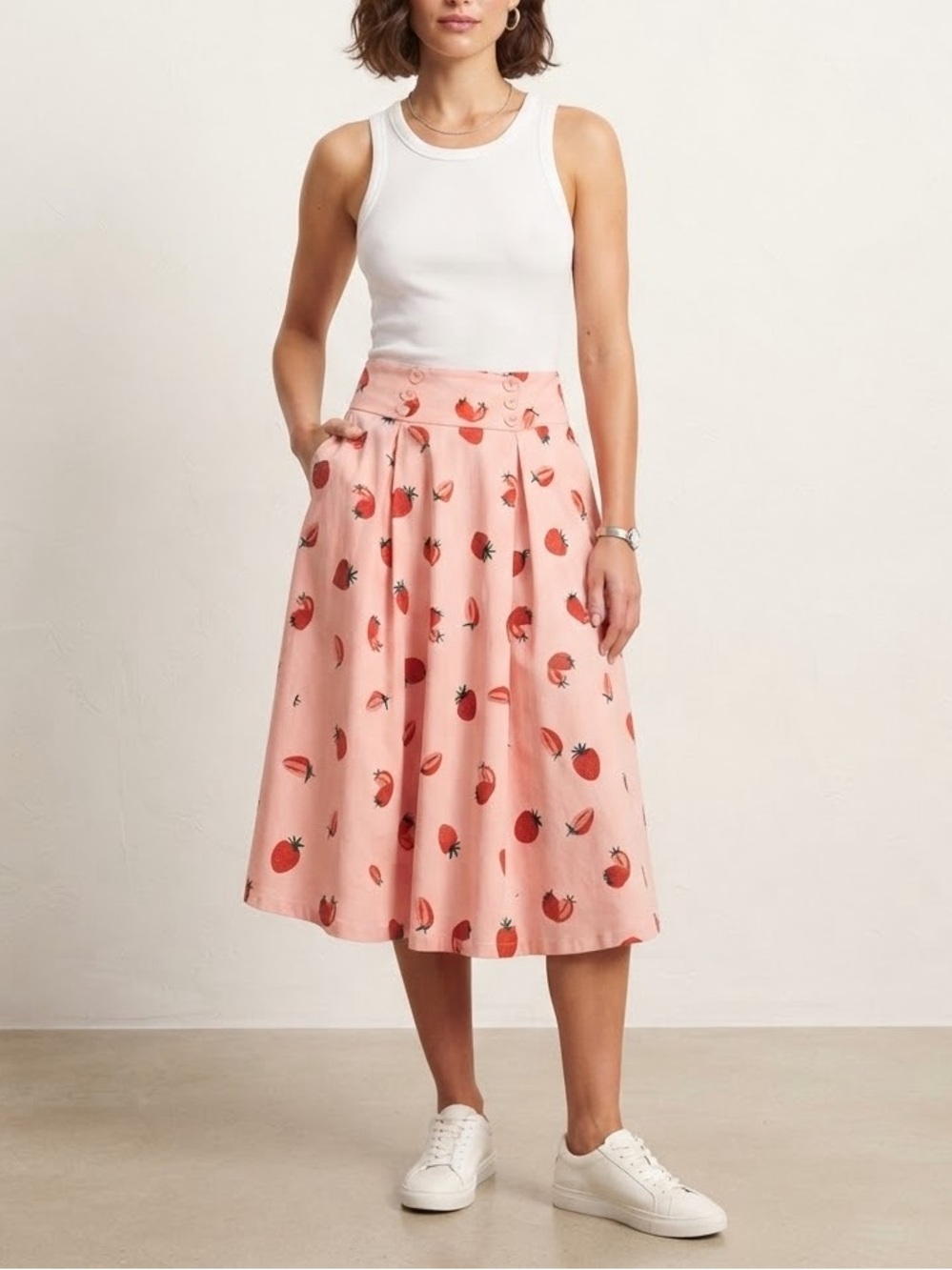 Pink Strawberry-Print Circle Skirt